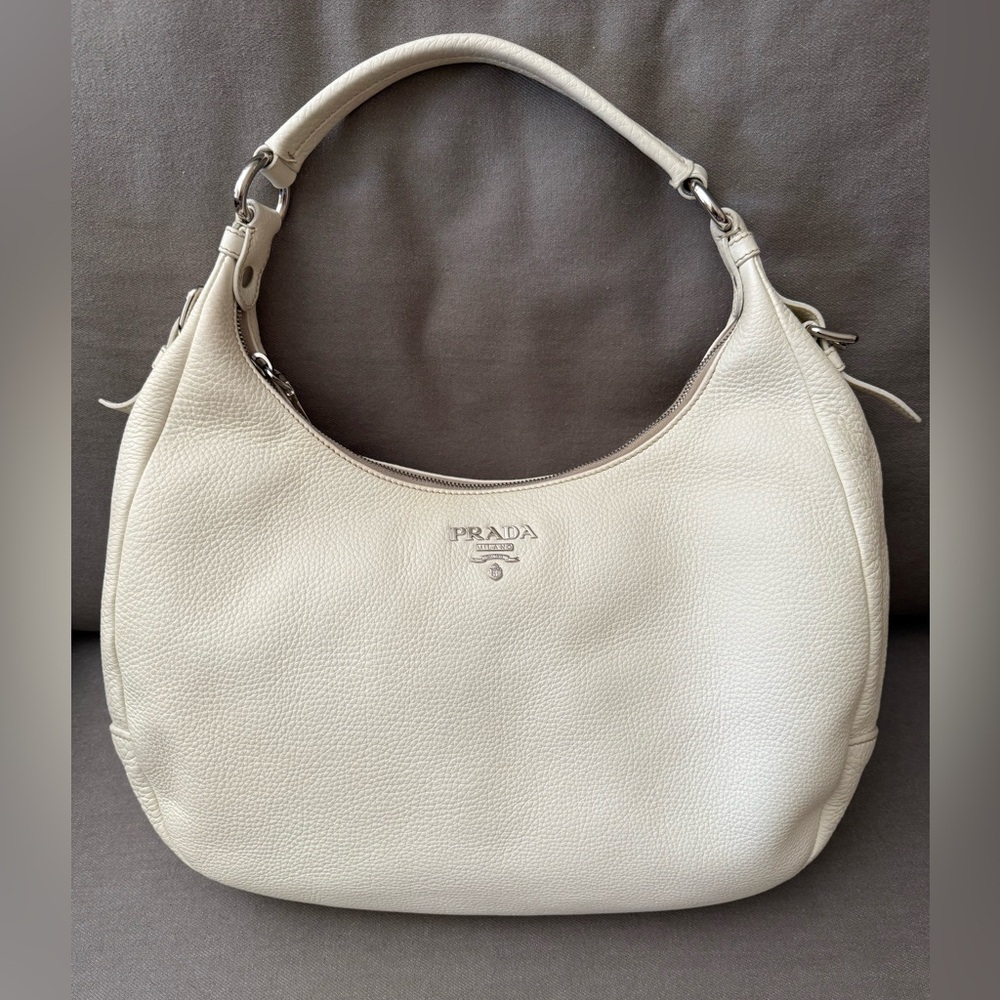 Prada Cream Leather and Silver Hobo Shoulder Bag